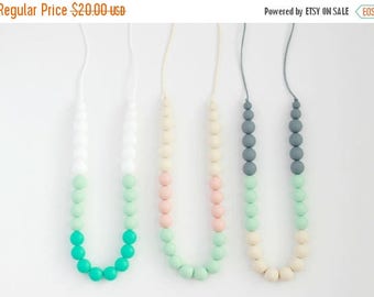 SALE Sophie Silicone Teething Necklace, Nursing Necklace, Silicone Teether, Chew Toy Biting Beads, Mint Gray Cream Necklace, Baby Shower Mom