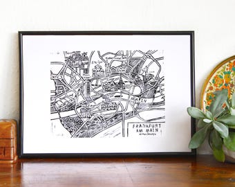 Frankfurt Map Lino Print / Frankfurt Landkarte Linoldruck / Lithograph City Map / Handcarved Viewpoint Map