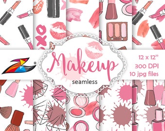 Sale Makeup Digital Paper Seamless pattern Kiss digital paper Nail polish pattern lipstick scrapbook paper girl make up hand drawn