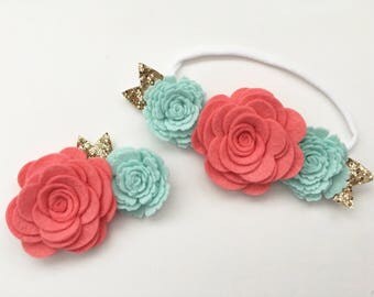 Sister Set Felt Flower Crown Nylon Headband and Hair Clip Newborn Headband Coral Mint / Choose Color / Big Sister Little Sister
