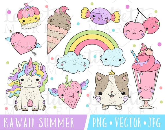 Kawaii Summer Clipart Set Kawaii Stamps Kawaii Unicorn