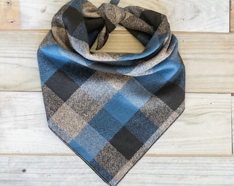 Blue Plaid Dog Bandana, Blue Gray Dog Bandana, Plaid Dog Bandana, Tie On Bandana