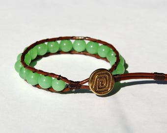 Green Jade bracelet Nephrite bracelet Jadeite bracelet Jade Beaded bracelet Leather Cord Womens bracelet Grandma gift for grandmother gift
