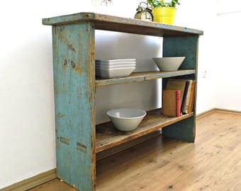 Antique Rustic Console Table Narrow Vintage Blue Side Table Distressed Furniture Sideboard Storage Display Case TV Stand Farmhouse Decor