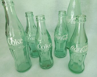 Coke Glass Soda Pop Bottles - Free Ship - 6 Vintage Coca Cola Bottles - Beverages Containers 6 1/2 Oz Half quart 10 Oz.