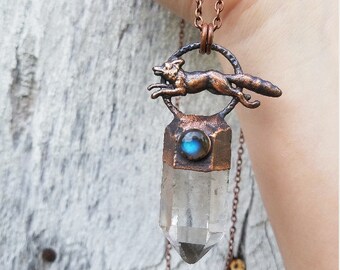 Fox Crystal Necklace-Fox Jewelry-Fox Totem Necklace-Quartz Fox Necklace-Forest Fox Necklace-Folk Style Jewelry-Labradorite Crystal Necklace