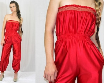 Vintage 80s Red Shiny Strapless Retro DISCO Party Jumpsuit Romper Playsuit NOS S