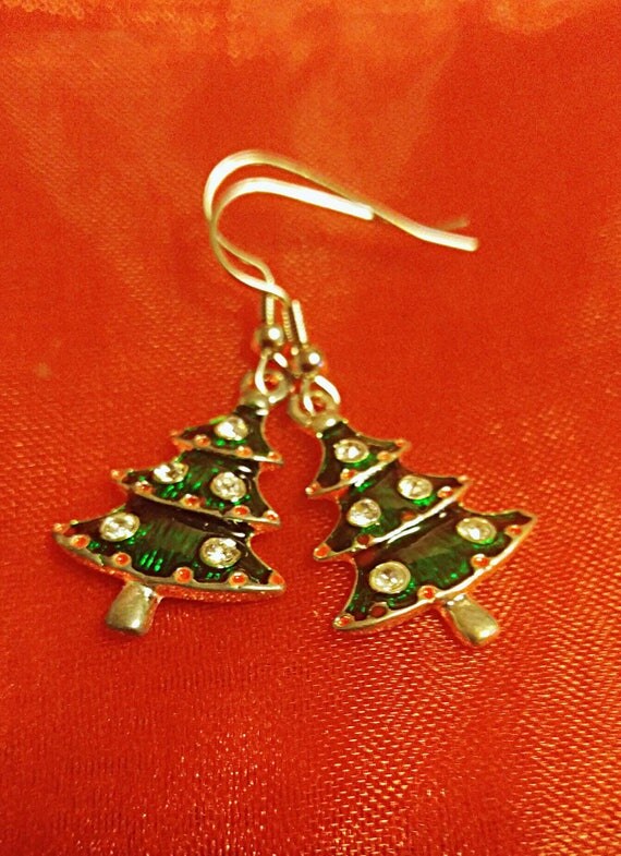 Green Christmas Tree Earrings Green Enamel Tree Charms