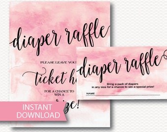 Diaper Raffle Baby Shower Invitation Insert & Sign, Pink Watercolor, Girl, Typography, Modern, Digital, Printable Download B136