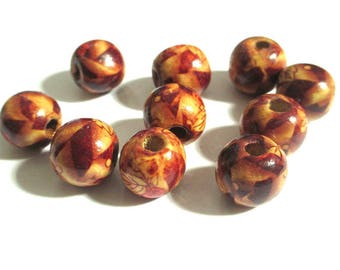 10 wooden beads with ethnic pattern 16 x 15 mm
