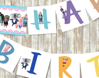 Sing Movie Birthday Banner, Happy Birthday Banner, Sing Birthday Party, Party Banner, Sing Movie Party - PRINTABLE - INSTANT DOWNLOAD