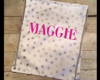 Patriotic Stars Personalized Cinch Sack! Monogram Drawstring Bag, Beach Sack, Overnight Bag. Great gift for kids!