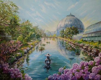 Landscape painting Commission oil painting Detroit skyline painting Custom painting photo gift|for|her Belle Isle Botanical garden painting