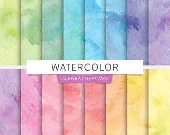 Watercolor digital paper, seamless water color background, brush strokes, ink, paint, rainbow colors, scrapbook papers (Instant Download)
