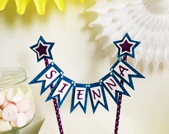 Bunting Name Cake Topper, Cake Banner, Glitter Topper, Any Name, Garland Cake Top, Customised, All colours, Cake Smash Prop