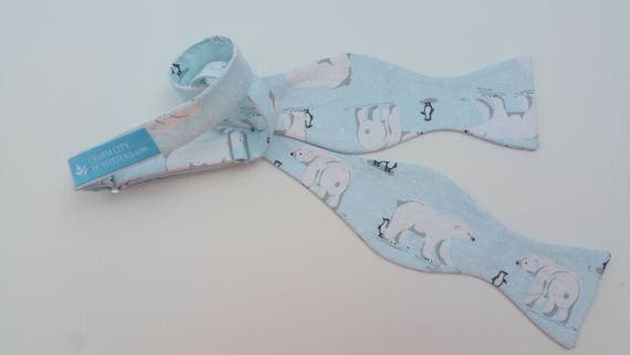 Polar Bear Penguin Winter Holiday Christmas Self Tie Bow Tie Adjustable Ice Blue and White with Sparkles