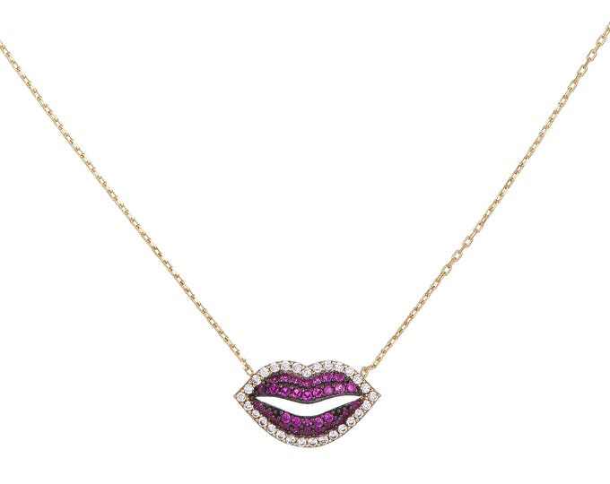 Lips Pendant Chain Necklace - Cz Diamond Lips Pendant Necklace - Precious Diamond Lips Necklace Sterling silver - Pave Necklace