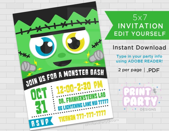 Printable Frankenstein Monster Halloween Party Invitations ...