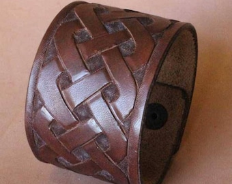 Dark Brown colored, Carved, Leather, Celtic Knot, Cuff, Wristband, Bracelet