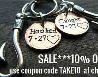 Custom Anniversary Lucky Penny Keychain, Hooked, Wedding, Fishing Gift, Fisherman Gift, Boyfriend, Girlfriend, Wife, Husband, Best Selling