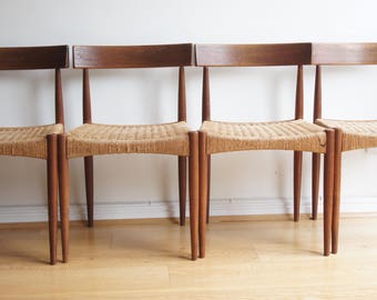 Set of 4 Mid century Danish Arne Hovmand by Mogens Kohl teak and Papercord dining chairs