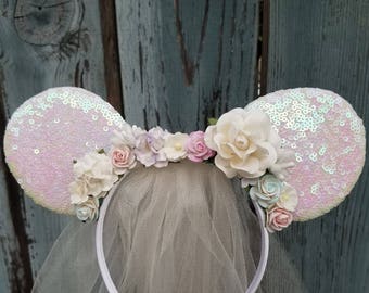 BRIDAL MINNIE MOUSE Ears Headband with Veil - Ivory White Sequin Mouse Ears, Pastel Paper Flower Headband, Neutral Bride Mouse Ears Headband