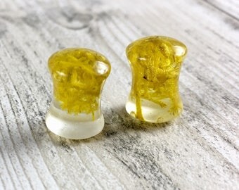 Ear plugs-resin ear plugs-resin jewelry-moss ear plugs-yellow ear plugs-ear gauges-resin jewelry-terrarium jewelry