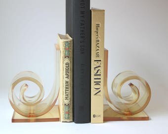 Vintage Lucite Bookends, Acrylic Bookends, Scroll Design