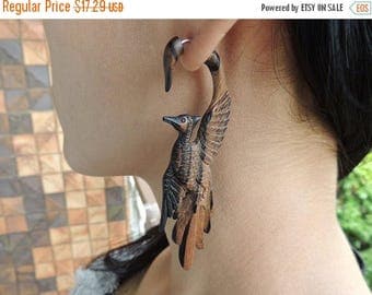 ON SALE Beautiful Birds Exotic Wood Fake Gauges Earrings - Free Shipping