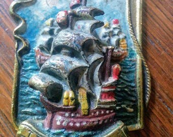 Vintage 1927 Painted Brass Door Knocker Drakes Flag Ship The Revenge