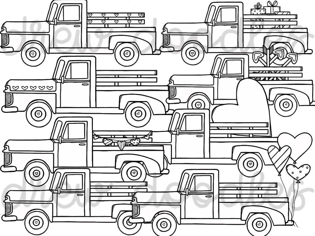 Valentine's Day Trucks Digital Clip Art Set- Black Line Version