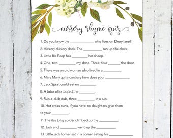 Nursery Rhyme Quiz, Wreath, Greenery, Gender Neutral, Baby Shower Game, Instant Download