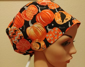 Adjustable Skulls & Pumpkins Surgical Scrub Cap - Ponytail Pouch, Buttons, Sweatband | Halloween Nurse Hat - View #3