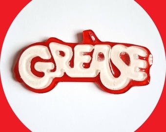 Grease logo Brooch, Grease Lightening, Vintage Inspired, Novelty, Rockabilly, Pinup, Acrylic, Resin, Plastic, Lasecut, Pin, 50s, Sandy Danny