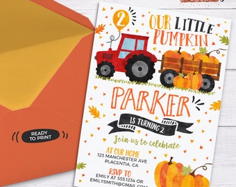 Boys Little Pumpkin Birthday Invitation Thanksgiving Birthday Invitation Fall Birthday Invitation Our Little Pumpkin first birthday Tractor