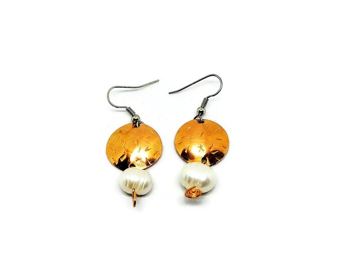 Copper and Freshwater Pearl Earrings, Shiny Copper Dome Dangle Earrings, Unique Birthday Gift, Pearl Earrings, Copper Earrings