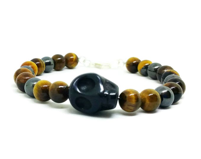 Tiger's Eye and Hematite Bracelet, Men's Gemstone Skull Bracelet, Unisex Bracelet, Chakra Bracelet, Black Jasper Carved Skull Bracelet