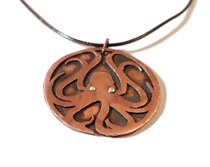Copper Kraken Pendant, Mixed Metal Octopus Necklace, Unisex Jewelry, Gift for Him, Gift for Her, Fantasy Jewelry, Unique Birthday Gift