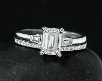 Emerald Cut Engagement Ring - Forever One Moissanite - Half Eternity Diamond Wedding Band