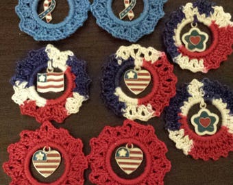 Crocheted 8 AnyTime Ornaments patriotic flag hesr ribbon flower inventory clearance
