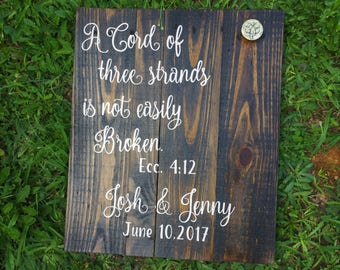 A cord of three strands Wood Sign~ Wedding Ceremony~ Unity Ceremony Sign~ Rustic Wedding Decor~ Verse Wood Sign~ Ecclesiastes 4 12