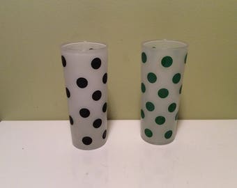 Vintage Hazel Atlas Frosted Glass Green and Black Polka Dot Tumblers Midcentury Retro Glasses Cups