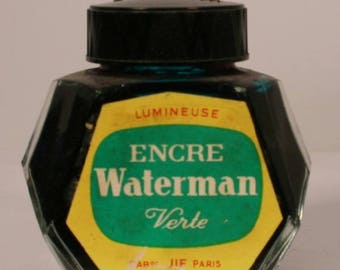 Waterman Green Ink Bottle v0578 2 oz France Verte Clear Glass Vintage Fountain Pen Ink Bottle Antique Collectible