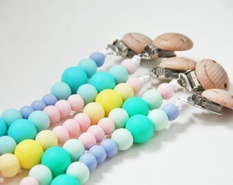 Silicone & Wood HADES Rainbow Pacifier Baby Teether Holder Clip - Mordedor - Chupetero - Schnullerkette - Attache tétine - Portaciuccio -