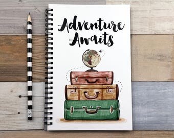 Writing journal, spiral notebook, bullet journal, cute journal, blue sketchbook, travel journal, blank lined grid - Adventure awaits