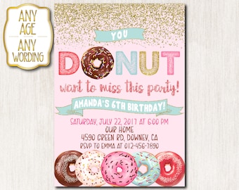 Donut Birthday Invitation, Donut Party Birthday Invitation, Donut Party Invitation, Pink and Gold Glitter, Donuts Invitation ANY AGE - 1662