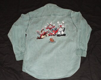 Acme Looney Tunes Football Champions Rivet Buttons Mens M Green Denim Shirt 1848