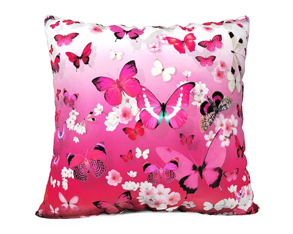 Pink Butterfly & Cherry Blossom Velveteen Pillow Cover - 22inch x 22inch (55cm x 55cm)