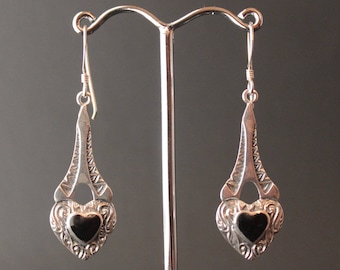 Sterling Silver and Onyx Heart Earrings