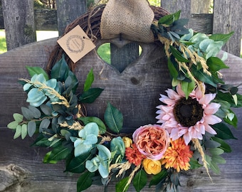 Fall wreath autumn wreath sunflower wreath peach wreath pink wreath rose wreath door wreath fall decor